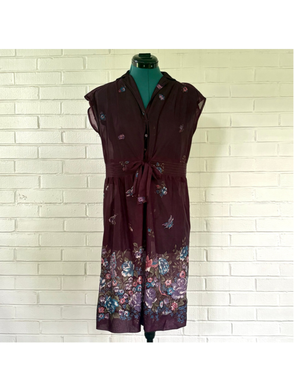 Vintage 70s Purple Floral Sleeveless Dress M